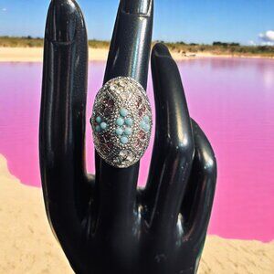 Sarah Coventry Vintage Dome Ring Silver Tone Turquoise Crystal Boho Statement‎